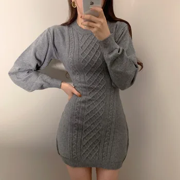 Korejski Moda Priložnostne Pleteni Pulover Mini Bodycon Obleka Ženske Jeseni, Pozimi Dolg Rokav Pletenje Obleko Haljo Femme Vestidos