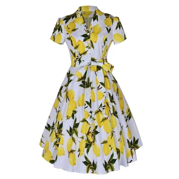 Bele Rumene Limone Cvetlični Obleko Kratek Rokav Bombaž Tunika Vestidos Elegantno 50s Retro Swing Vintage Obleko Ženska Oblačila Jurken