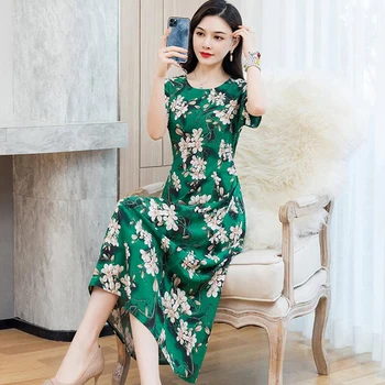 2020 Ženske Poletje Obleko srednjih let Plus Velikost 5XL Priložnostne Cvjetnim Tiskanja Midi Obleko Elegantno Kratkimi Bombaž Mati Obleke