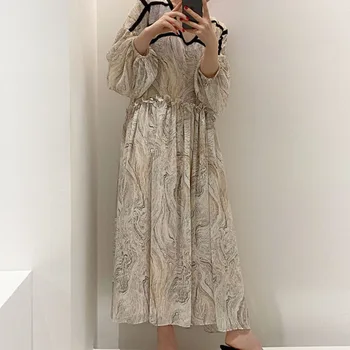 Janpanese Ženske Luč Dolg Rokav Korejski Obleko 2021 Jeseni Poletje V Vratu Priložnostne A-Linijo Visoko Pasu Nabrano Dolgo Maxi Obleke