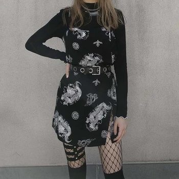 Harajuku Visoko Pasu Estetske Poletje 2020 Tiskanja Ženske Obleke Temno Gothic Letnik Punk Zmaj Elegancija Obleke Trak Backless Vestidos