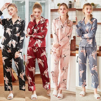 Ženske pižame 2 Kos Določa Sleepwear Saten Svila Pižame z Dolgimi Rokavi Turndown ovratnik Obleko Domov Nov Slog More