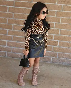 2020 Moda Baby Dekle Leopard Oblačila z Dolgimi Rokavi Leopard majica Vrhovi mini črno usnjeno Krilo 2PCS Dekleta Stranka Obleko