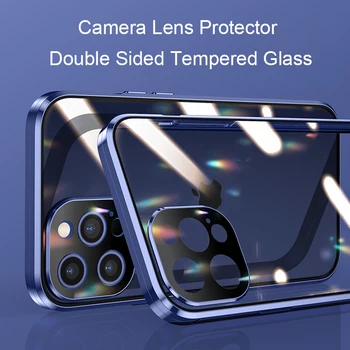 Coque 360 Magnetno Ohišje Za iPhone Mini 12 12 Pro MAX 11 Pro Primeru Kovinski Odbijača, Kaljeno Steklo, Pokrov Objektiva Kamere Zaščitnik Film