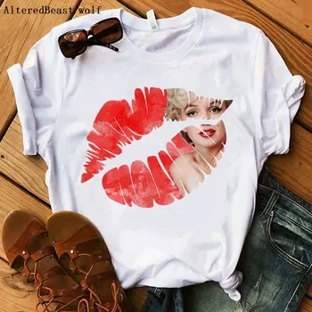 Marilyn Monroe seksi rdeče ustnice ženske poletje moda print majica s kratkimi rokavi ženske 2019 priložnostne kratek rokav harajuku ženski modi vrhovi tee