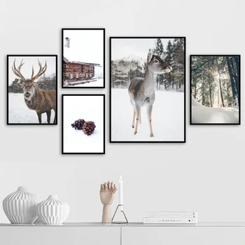 Elk Sneg, Sonce Gozd Reed Krajine Wall Art Platno Slikarstvo Nordijska Plakatov In Fotografij Stenske Slike Za Dnevna Soba Dekor