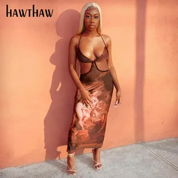 Hawthaw Ženske Jeseni Winrer V Vratu Votlih Iz Bodycon Backless Natisnjeni Dolgo Obleko Sundress 2020 Ženska Oblačila Ulične