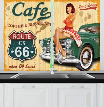 Route 66, Kuhinjo, Zavese Cafe Diner Prijavite Letnik Dama, ki je Sedel na Avto Avtocesti Nostalgično Grunge Temo Okna Zaves za Kuhinjo