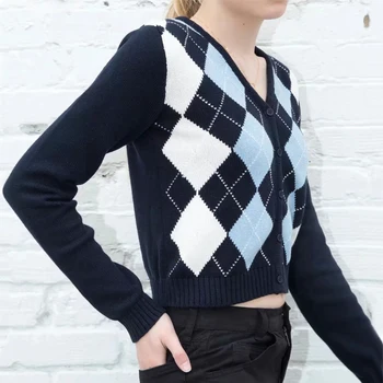 Ženske V Vratu Pletene Cardigan V Mornarsko Modre barve Z Svetlo Modre In Bele Argyle Tiskanja Na Prednji 2020 Padec Jopico pleteni pulover