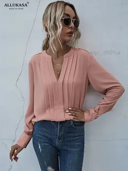 ALLUKASA 2021 Pomlad Ženske Modni Dolg Rokav Proti-vrat T-majice puloverju priložnostne Barva Stilsko Vrhovi za Ženske Ženski