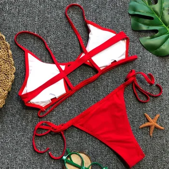 Izdolbla Rdeče Seksi Bikini Komplet Ženske String Kopalke Push Up Kopalke 2021 Vezani Tangice Brazilski Bikini Kopalke Plavati Obrabe