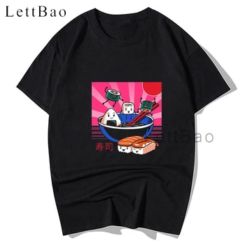Kawaii NEKO SUŠI Anime Risanke Moški Tshirt Natisnjeni Črno Pari T-shirt Oversize Harajuku Unisex Majica za Moške Majice za Fantje
