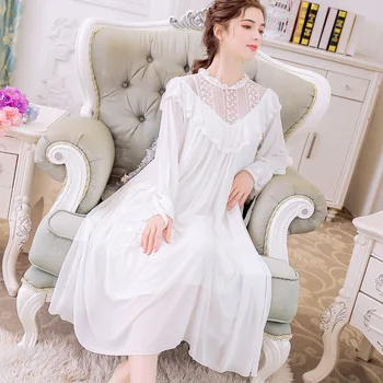 Nightgown Modal Nightdress Elegantno Sleepdress Jeseni Sleepwear Luč Rokav Lok Dolgo Princess Style Sleepwear Mehko Homewear