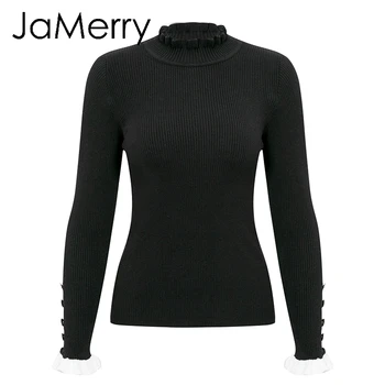 JaMerry Ogrlicom pleteni pulover ženske Prugasta flare rokav gumb ženski pulover skakalec Slim fit ženske turtleneck pulover