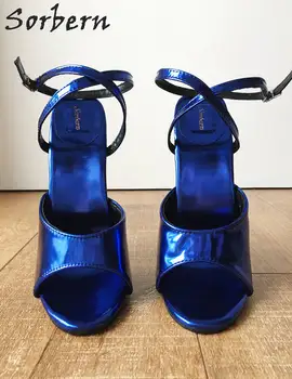 Sorbern Kovinski Royal Modre Ženske Sandale Slingbacks Poletje Slog, Čevlji Open Toe 18 cm Spike Visoke Pete Stiletto Sandali, Čevlji