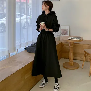 Johnature 2021 Novi Korejski Hooded Ovratnik Preproste Ženske Obleke Pozimi Barva Svoboden Žepi Ženski Pulover S Kapuco Obleko