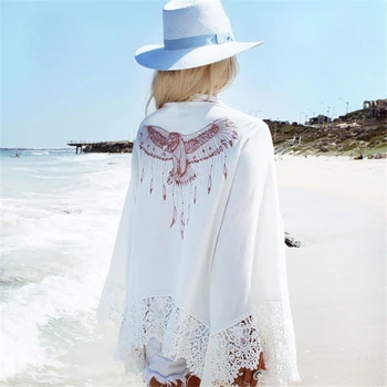 2019 Seksi Plaži, Poletne Ženske Priložnostne Boho Kimono Jopico Bele Čipke Šifon Svoboden Natisnjeni Bluzo Majica Plus Velikost Vrhovi Plažo