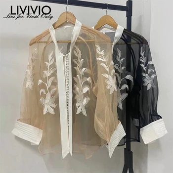 [LIVIVIO] Retro sodišče slog vezene bombaž in lan lok neckband luč rokav til pregleden ženska majica