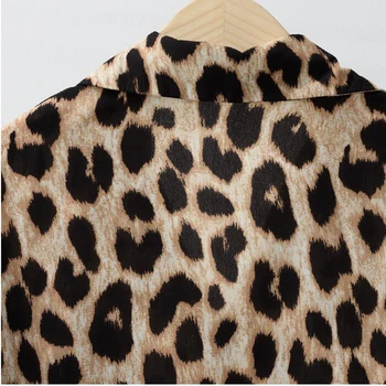 2018 Ženske Bluzo Leopard Print Majica Dolg rokav Zavoj navzdol Ovratnik Vrh Svoboden Bluze Plus Velikost Camisa Feminina Oblačila