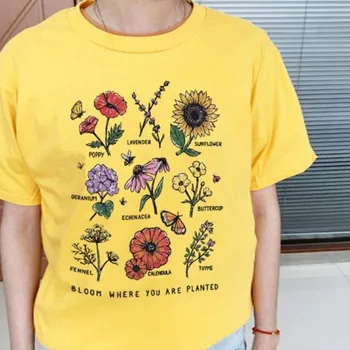 Bloom Kjer So Zasajene Botanični Cvet Tiskanja Ženske Majica Bombaž Sončnice Prevelik Vrhovi Barvita Grafika Tee Dekleta Tee
