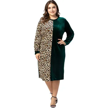 Ženski pomlad jesen plus velikost oblačila za ženske svoboden priložnostne velike dolge rokave leopard O vratu naravnost obleke 3XL 4XL 5XL 6XL