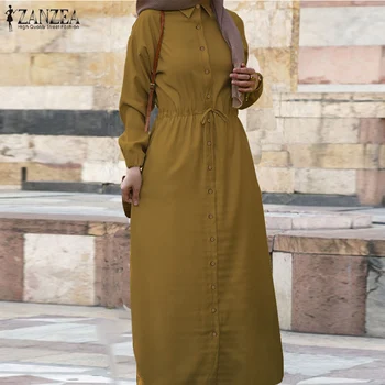Vintage Muslimanskih Shirt Obleko Žensk Puff Rokav Sundress ZANZEA 2021 Priložnostne Vrvico Maxi Vestidos Ženski Gumb Haljo Plus Velikost