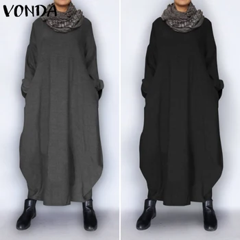 Pozimi Sweatshirts Obleka Ženske Haljo VONDA 2021 Priložnostne Muslimanskih Sundress Priložnostne Dolg Rokav Maxi Dolgo Obleko Plus Velikost Vestidos