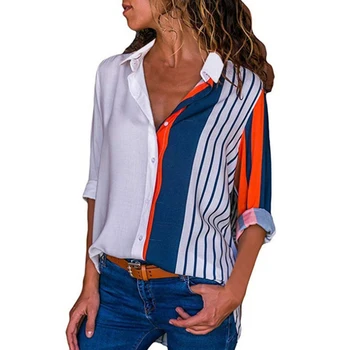 Ženske Prugasta Bluzo River Proti-vrat Dolg Rokav Mozaik Bluzo Priložnostne Majice, Vrhovi Šifon Majica Plus Velikost Blusas