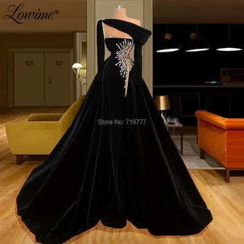 Muslimanski Črnega Žameta Elegantne Večerne Obleke 2020 Najnovejši Haljo De Soiree Formalno Sequins Beaded Slaven Obleke Dubaj Stranka Obleke