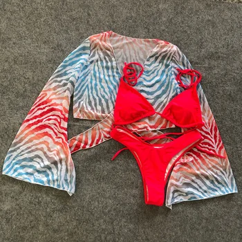 Nove Dolg rokav Plažo Brazilski Bikini 2020 Ženske Kopalke Ženske Kopalke Treh kosov Bikini komplet Prugasta seksi kopalke