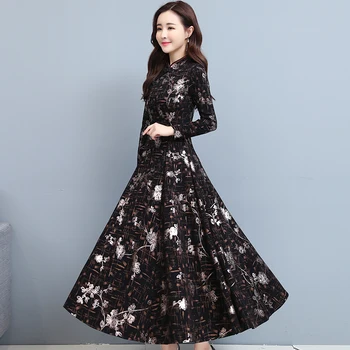 2020 Kitajski Slog Cheongsam Jeseni Obleko Plus Velikost Letnik Plesti Bombaž Dolg Rokav Midi Obleke, Ženske Stranka Black Maxi Vestidos