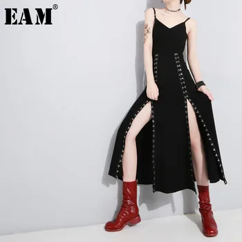 [EAM] Žensk Black Vent Asimetrični Dolgo Špageti Trak Novo Obleko brez Rokavov Ohlapno Fit Moda Plima Pomlad Jesen 2021 1H114