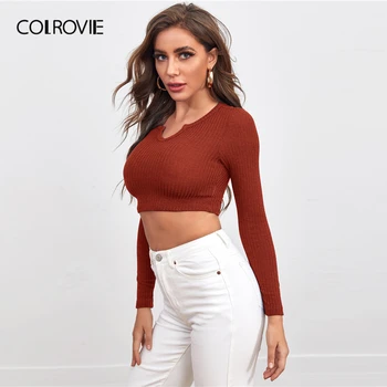 COLROVIE Zarezo Vratu Rebro-plesti Obreži Zgoraj Long Sleeve Solid Ženske Tees 2020 Jeseni Slim Fit Priložnostne majice
