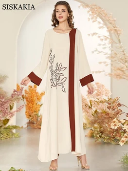 Siskakia Etnične Vezenje arabski Obleko za Ženske Kontrast Barve Mozaik Plus Velikost O Vratu Dolg Rokav Muslimanski Turčiji Oblačila