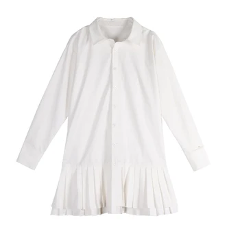 Jeseni Velikosti Dolg Rokav Beli Naguban Shirt Obleko 2020 Ženske Črna Slučajen Zavoj Navzdol Ovratnik Mini Obleka Gumb Lady Linije