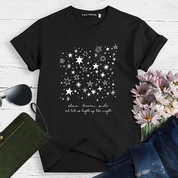 Ženske Modne Kratek Rokav Star Natisnjeni Mikrokosmos T-Shirt Priložnostne Pismo Tiskanje Sijaj Sanje Nasmeh T Shirt Vrhovi