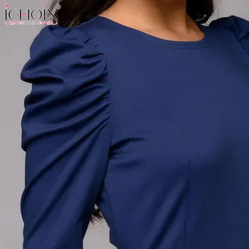 ICHOIX ženske povoj midi Urad obleko puff rokav elegantne ženske pozimi obleko barva slim večer stranka svinčnik obleko modra