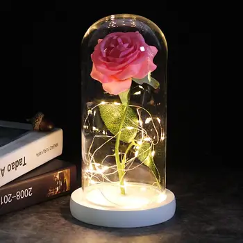 Večno Rose cvet Lepotica In Zver Rdečo Vrtnico V Stekleno Kupolo Na Leseno Osnovo Za valentinovega Darila LED Rose Noč Svetilke