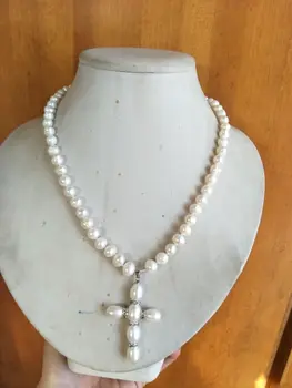 Wholesales 7-8 mm bela Sveža Voda pearl& cross obesek ogrlica biser Nakit,darilo, brezplačna dostava