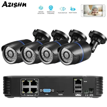 AZISHN 4CH POE Varnostne Kamere Sistem 4pcs 1080P Bullet 48V PoE IP Kamera + 1080P POE NVR P2P HDMI Zunanji Nadzor Sistema