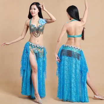 2019 Ženske Ples, Oblačila, Orientalski Slog Obleko Beaded Ples Trebuh Kostum Nastavite Modrc Pasu Krilo Sequins Dolga Krila