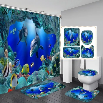 3D Ocean Design Dolphin Nepremočljiva Tkanine, Kopalnica Modra Zavesa Tuš Zavese Nastavite Proti drsenju Preproge, Wc Pokrov Pokrov Kopel Mat