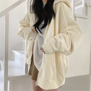 Zimske ženske jakna majica debele velike zadrgo žep majica barva plašč Harajuku korejski ohlapen pulover s kapuco