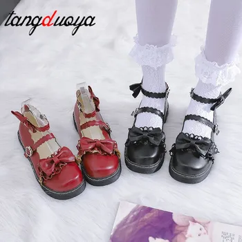 Lolita čevlji ženske lok ženske čevlji pete krog glave ženske čevlji udobno kawaii dekle loli cosplay čevlji snemljiv shoestrap