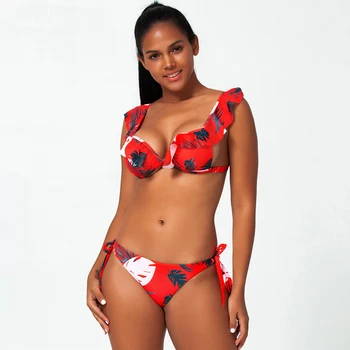 Ženske Brazilski Ruffle Bikini Vina Rdeči Bikini Nizko Pasu Kopalke Cvjetnim Tiskanja Bikini Komplet Bela Črna Mikro Bikini Vroče 8 Barv