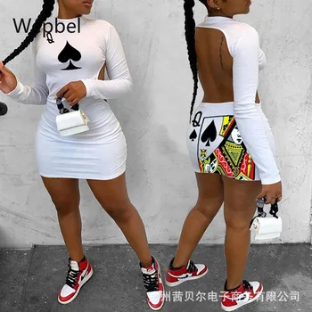 WEPBEL Seksi Nočni Klub Slog Obleke Poker Lopate Dolgo Sleeved Mini Obleka Backless Slim Fit Bodycon O-vratu Mini Obleke