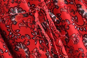 Bohemian Vezna navzgor Proti vratu Rdeče Cvetlični Dolgo Obleko BOHO Etnične Ženska Bell Vezna do Pasu Dolg Rokav Tassel Počitnice Obleke Plaži