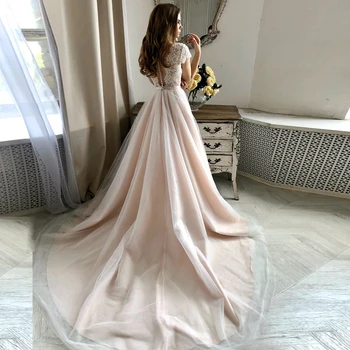 Eleganten Čipke Poročno Obleko Vestidos de novia 2020 Črto Poročne obleke Proti-Vrat Kratek Rokav Aplicirano Til Poročnih Oblek