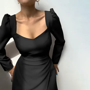 Gospa oblačila UVRCOS 2020 nov kvadratni vratu puff rokav obleka seksi dolg rokav obleka