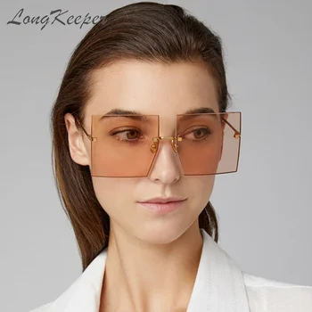 LongKeeper Prevelik Rimless Kvadratnih sončna Očala Ženske Letnik Trendovska sončna Očala Seksi Dame Čaj Rjave Leče UV400 oculos feminino